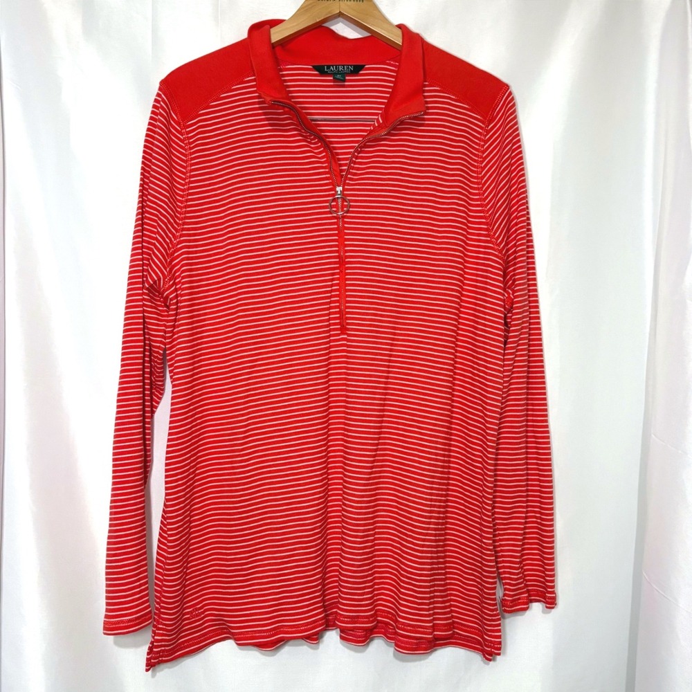Lauren Ralph Lauren Red White Striped Quarter Zip Pullover Top Womens 3X Cotton